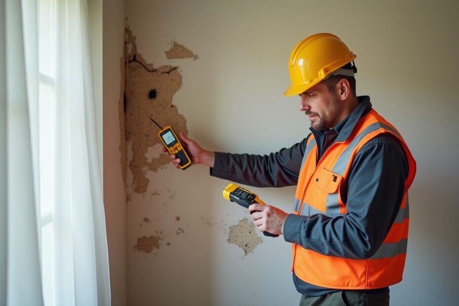 Bausachverständiger prüft beim Hauskauf in Hamburg versteckte Mängel an einer Hauswand